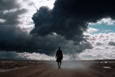 silhouette of a man walking on the desert roadの素材