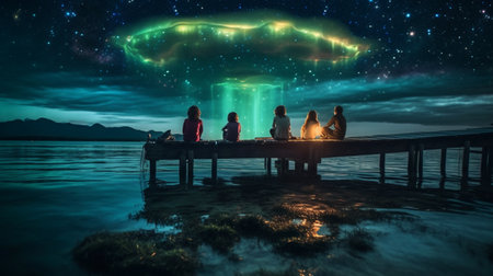 Kids sitting on a pier watching giant portal in skyの素材