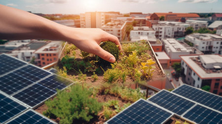Hand holding solar panels on the roof, save the environmentの素材