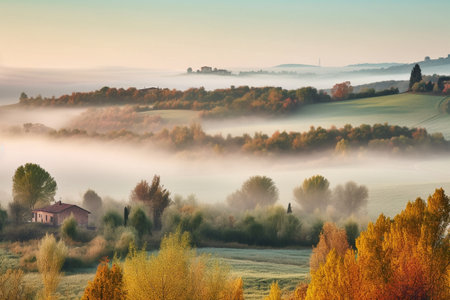 Beautiful countryside panorama early fog morningの素材
