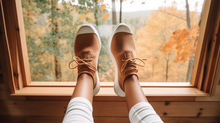 woman relaxing while looking at forestの素材
