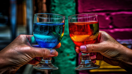 glass of colorful wine in the handの素材
