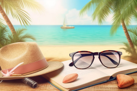 hat and sunglasses on the beachの素材