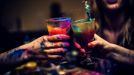 abstract shot of Friends holding glass of champagneの素材
