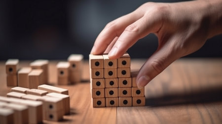 hand holding wooden toy blocksの素材