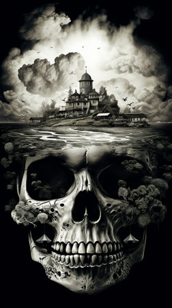 Scary skull castle black and whiteの素材