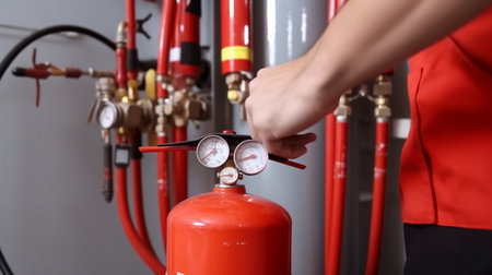 Engineer checking pressure of fire extinguisherの素材