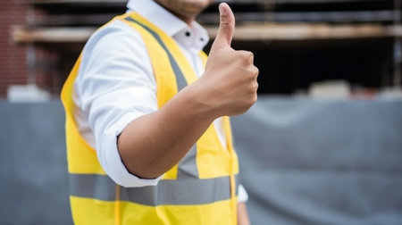 Worker wearing yellow safety vest showing thumbs upの素材