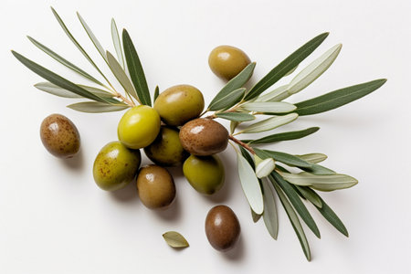 green olives with olive branch isolated on white backgroundの素材