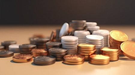 piggy bank pennies on table isolatedの素材