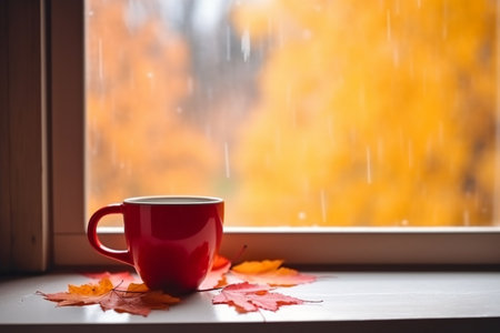 Drinking cup of tea at autumnの素材