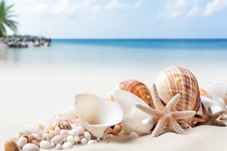 sea shells and starfish on the beachの素材