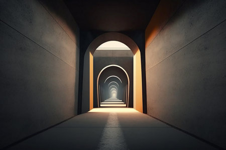 Futuristic underground corridor with colorful lightsの素材