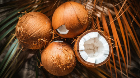 Cracked coconut on the tableの素材