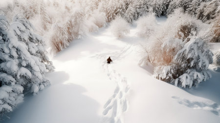 Strong man in winter gear walking in winter forestの素材