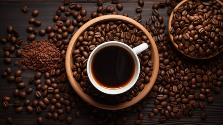 Cup of coffee with beans on wooden tableの素材