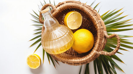 Delicious fresh lemons with cut lemon and oil flaskの素材