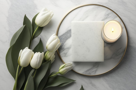 Lit Candles and white tulips on marble tableの素材