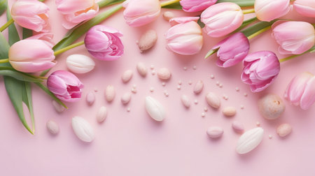 Bouquet of pink tulips with pink gradient backgroundの素材