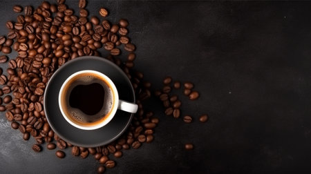 cup of coffee with beans on black backgroundの素材