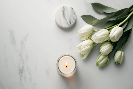 Lit Candles and white tulips on marble tableの素材