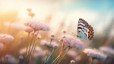 Beautiful butterfly with colorful flower fieldの素材