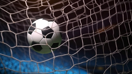Soccer ball in goal at nightの素材