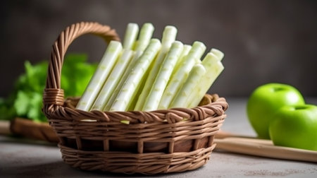 Delicious freshly harvested asparagus in a basketの素材