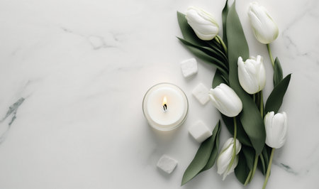 Lit Candles and white tulips on marble tableの素材
