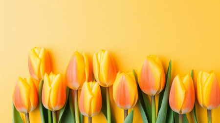 Colorful tulips on a yellow gradient background with copy spaceの素材