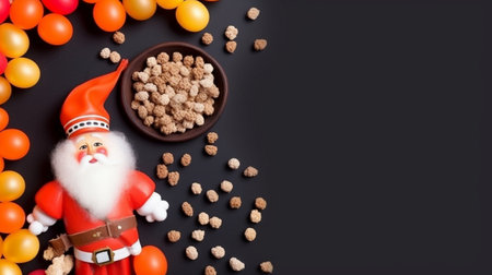 Santa claus with christmas snacks on black gradient backgroundの素材