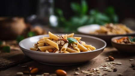 Delicious vegetable pasta on wooden table at kitchenの素材