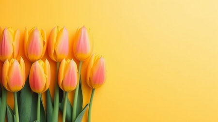 Colorful tulips on a yellow gradient background with copy spaceの素材