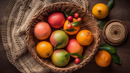 Composition with fruits and wicker basketの素材