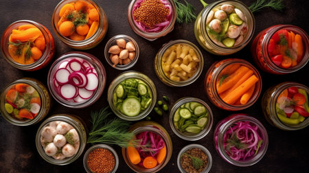Jars with variety of pickled vegetables and fruitsの素材