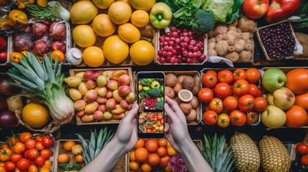 Grocery online. Phone with a hand on the background