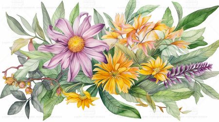 watercolor botanical illustration violet and yellowの素材