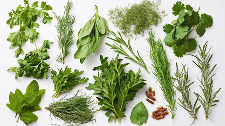 Collection of fresh herb leaves. arugula and basilの素材