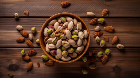Bowl with pistachio on wooden tableの素材
