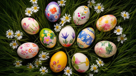 Colorful Easter eggs decorated with flowersの素材