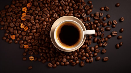 Cup of coffee and coffee beans on gold black backgroundの素材