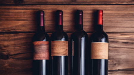 Bottles of red wine on a wooden shelfの素材