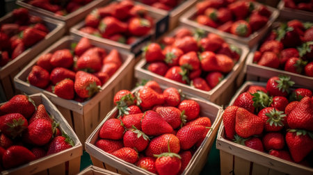 Lots of baskets with fresh ripe strawberries for saleの素材