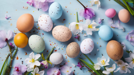 Easter composition with Easter eggs and spring flowerの素材