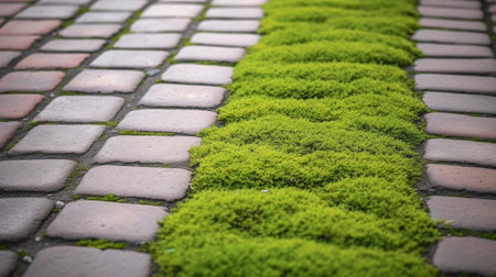 Cobblestoned pavement green moss between brick backgroundの素材