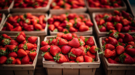 Lots of baskets with fresh ripe strawberries for saleの素材