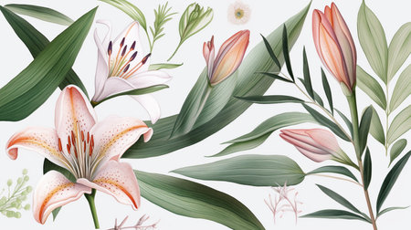 watercolor lily flowers and green leavesの素材