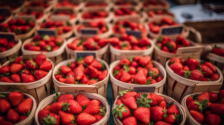 Lots of baskets with fresh ripe strawberries for saleの素材