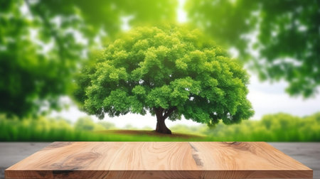 Empty wood table top and blurred green treeの素材