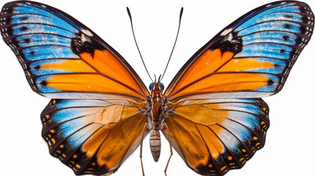 Very beautiful blue yellow orange butterfly in flightの素材